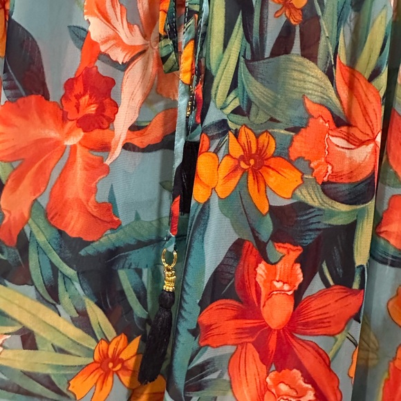 Tommy Bahama Tropical Paradise V-Neck Swim Coverup in Turquoise and Coral - Picture 4 of 5